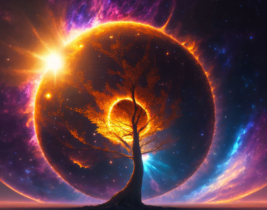 Solitary Tree Against Cosmic Nebulae and Radiant Planet