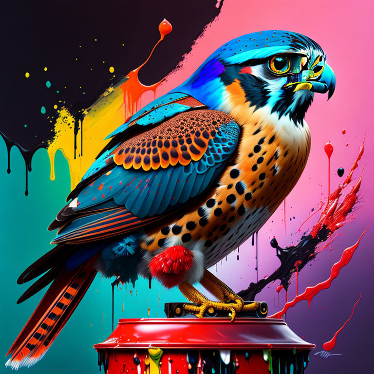 Colorful Falcon Artwork Perched on Paint Can with Dynamic Background