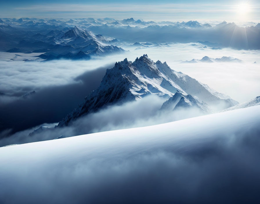 Majestic snowy mountain peaks above clouds in gentle sunlight