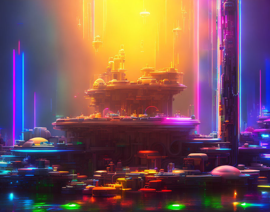 Futuristic sci-fi cityscape at night with neon lights and flying vehicles.