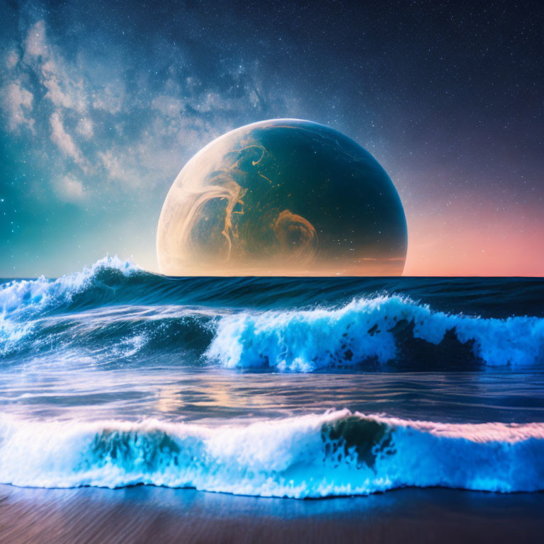 Surreal planet rising over serene beach at night