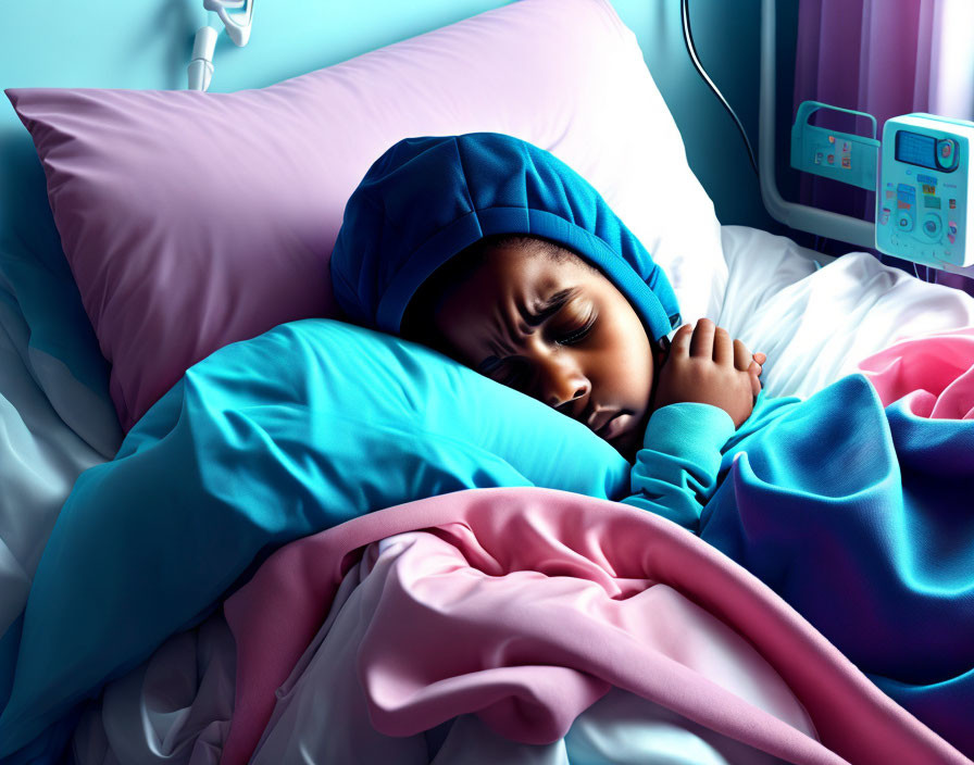 Child in hospital bed with colorful blankets and medical equipment.