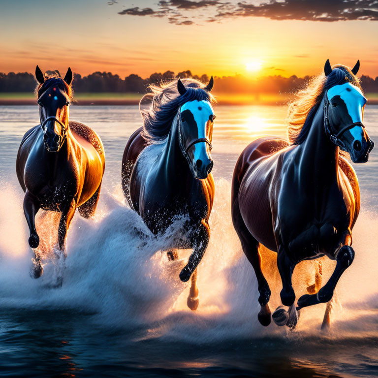 Majestic horses galloping in water at sunrise