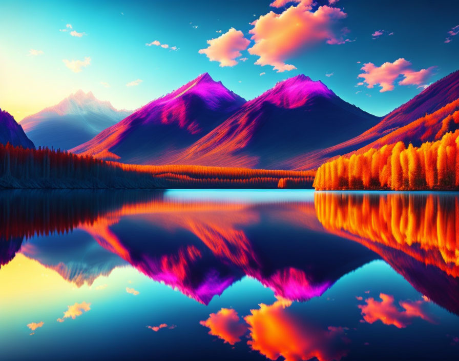 Scenic sunset with colorful trees by mirror-like lake