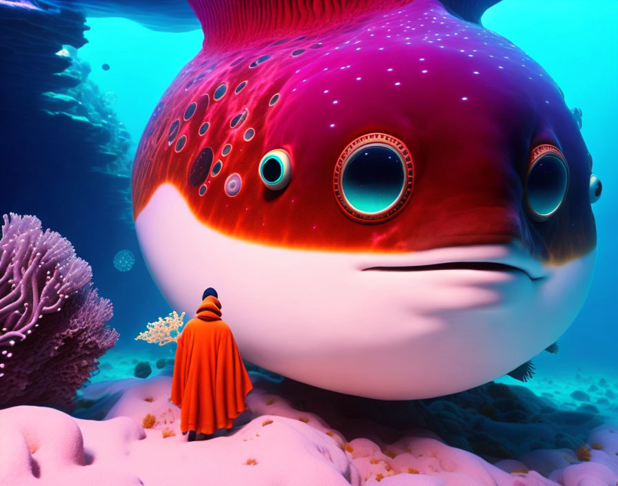 Person in monk's robe encounters giant red fish in whimsical underwater scene