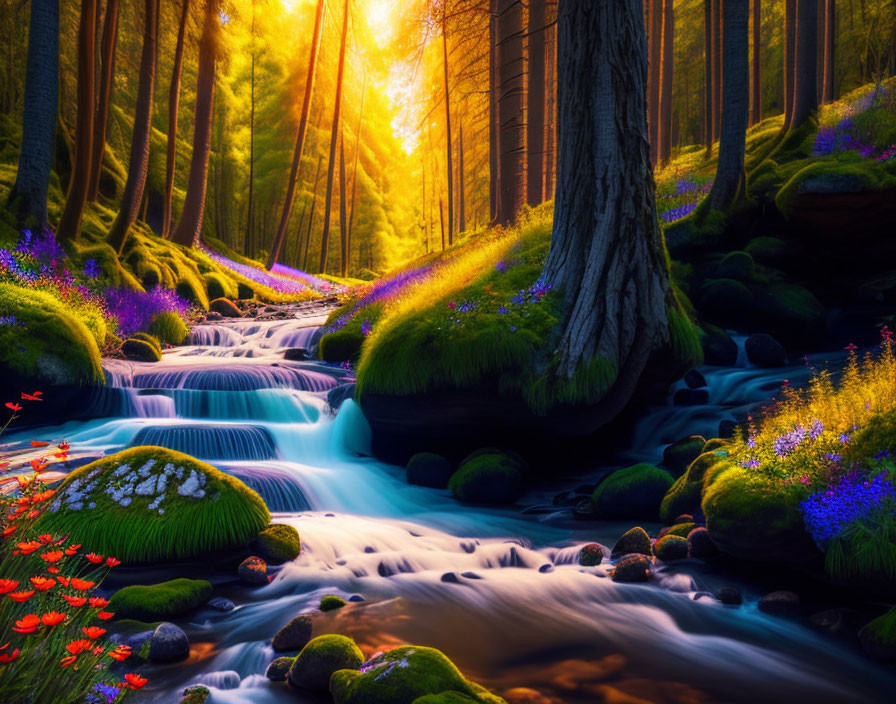 Vibrant forest scene with cascading stream and sunrise