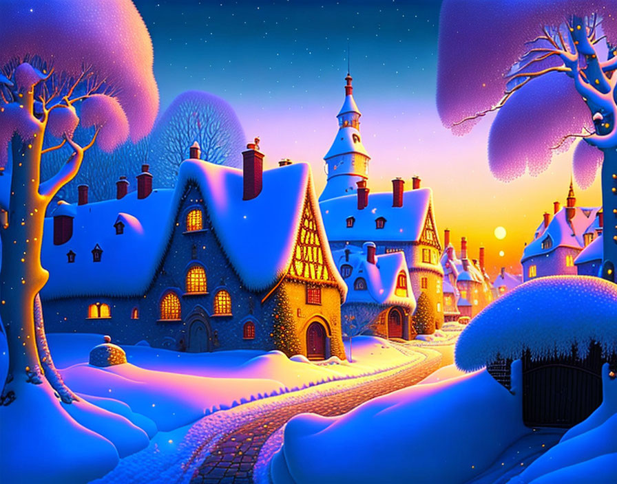 Whimsical winter scene with snow-covered houses and glowing castle