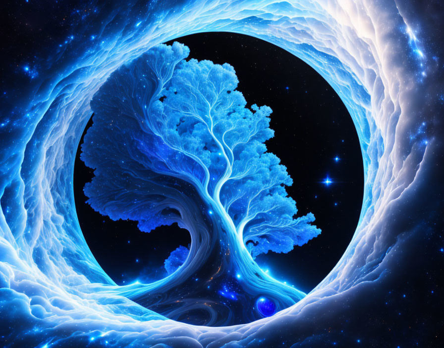 Fantastical tree with glowing blue leaves against cosmic background