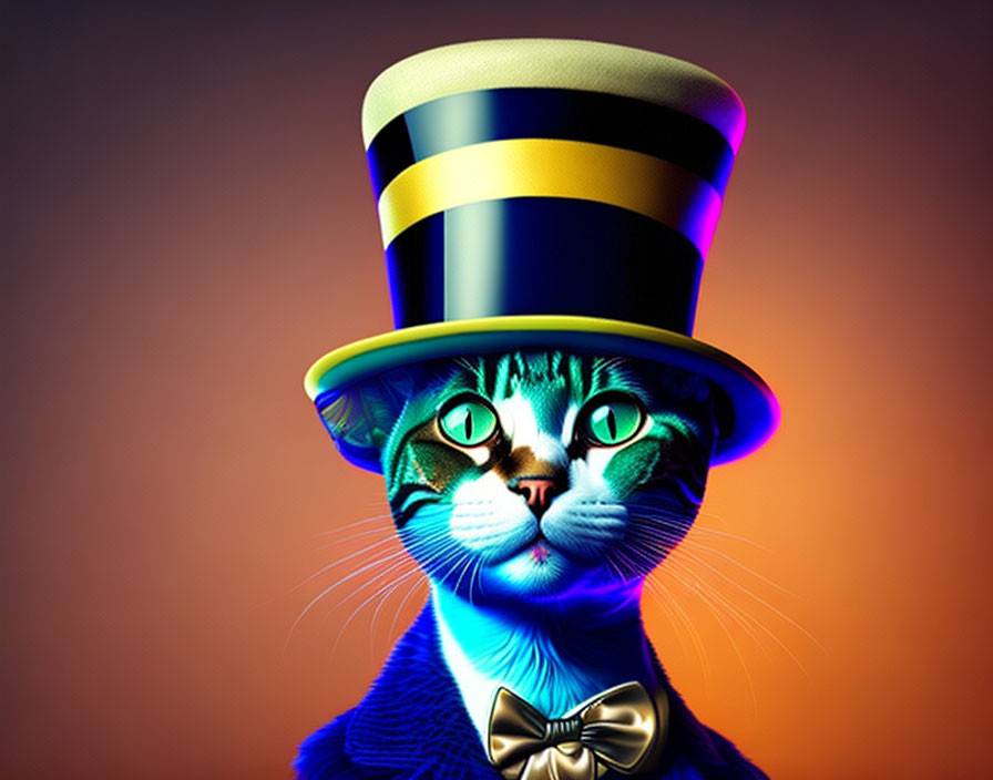 Digital artwork: Blue fur cat in hat and bow tie on warm background