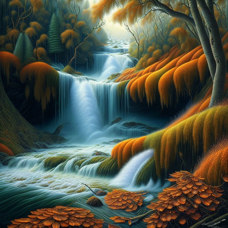 Vibrant orange trees and cascading waterfalls in serene fantasy landscape