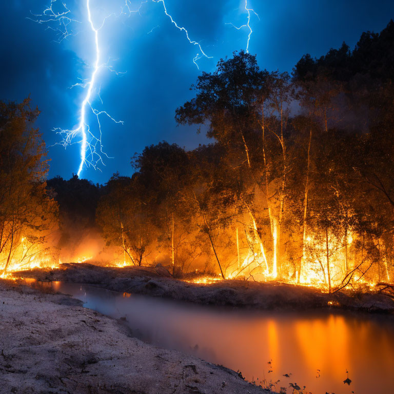 Stormy night forest fire with lightning reflecting on river