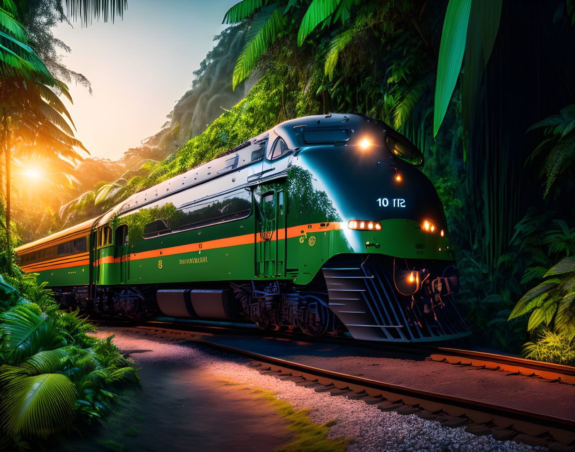 Vintage Train on Tropical Track at Dusk with Greenery & Warm Lighting