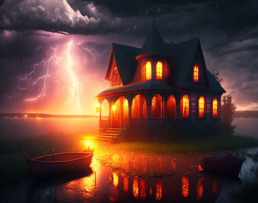 Victorian-style house by lake in stormy weather with lightning and boats