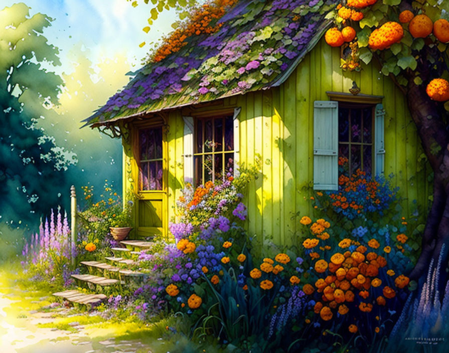 Green cottage with flowers and oranges in sunny forest.