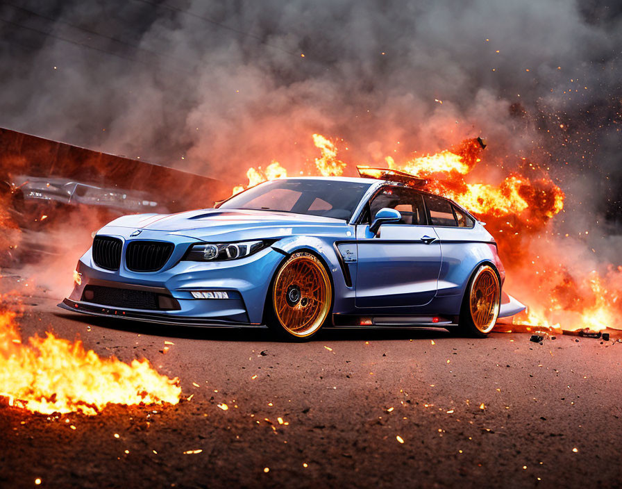 Blue BMW Car with Golden Rims Engulfed in Flames on Asphalt