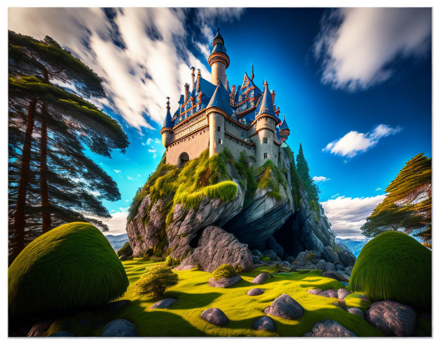 Castle on rugged cliff surrounded by lush greenery under dynamic sky