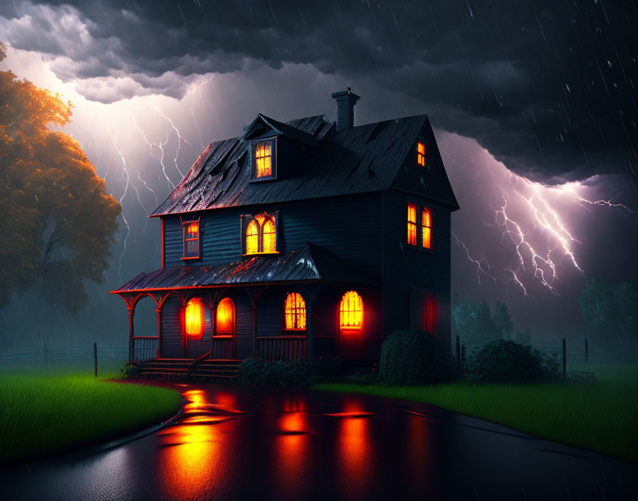 Two-story house with illuminated windows in thunderstorm night scene