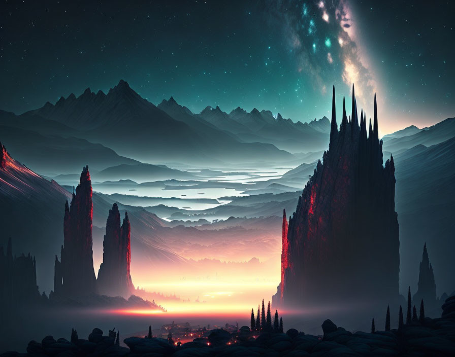 Surreal landscape with towering spires and starry sky