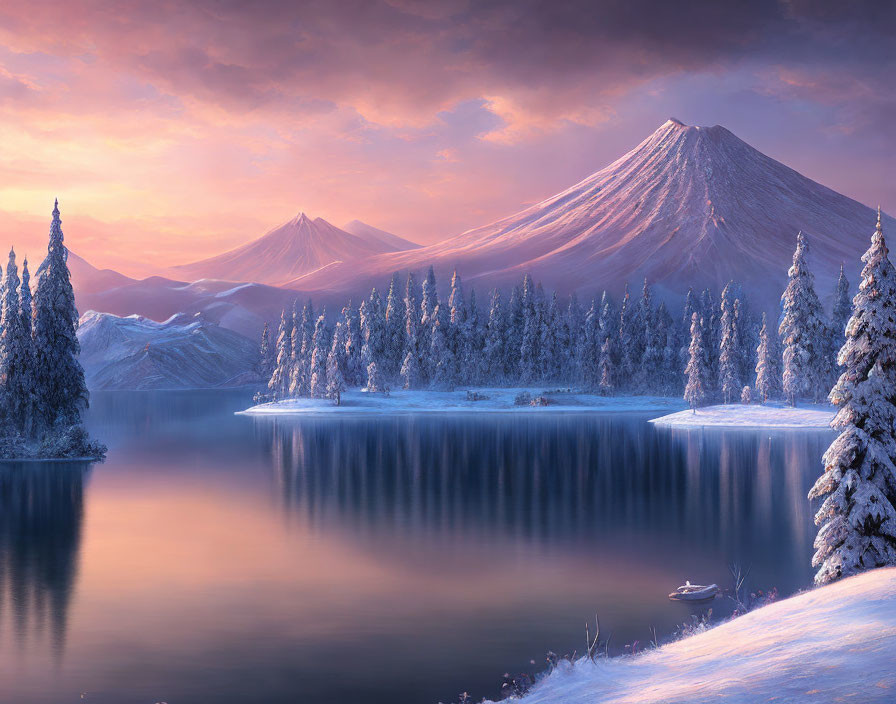 Snow-covered trees, mountains, and a lake at sunrise or sunset with a small boat.