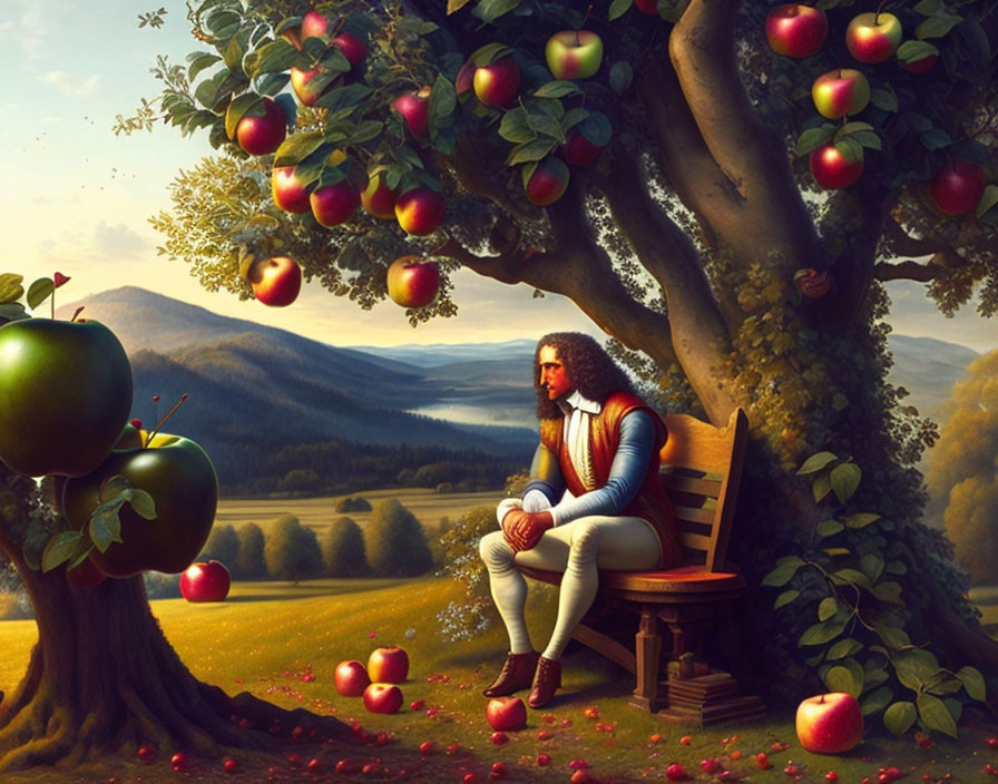 Man in historical clothing under apple tree in valley scene