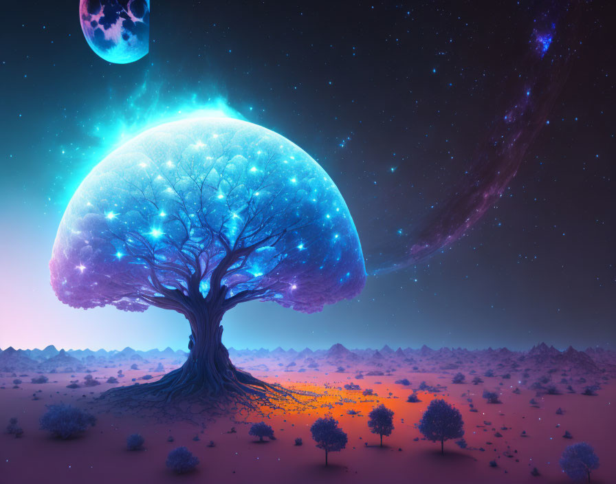 Surreal glowing tree in starry sky over desert landscape