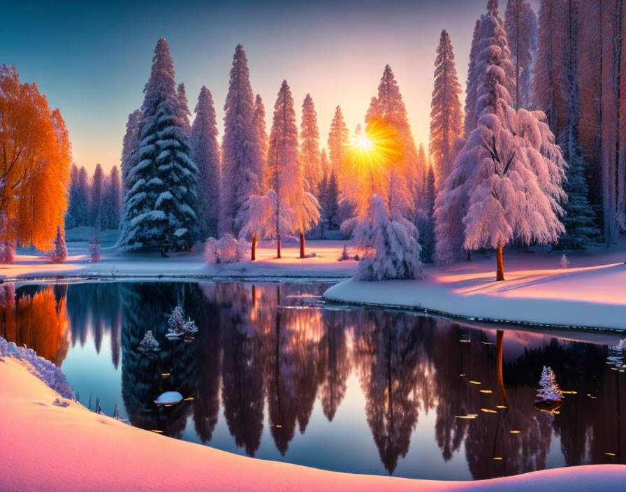 Tranquil winter landscape with snow-covered trees by a lake at sunrise