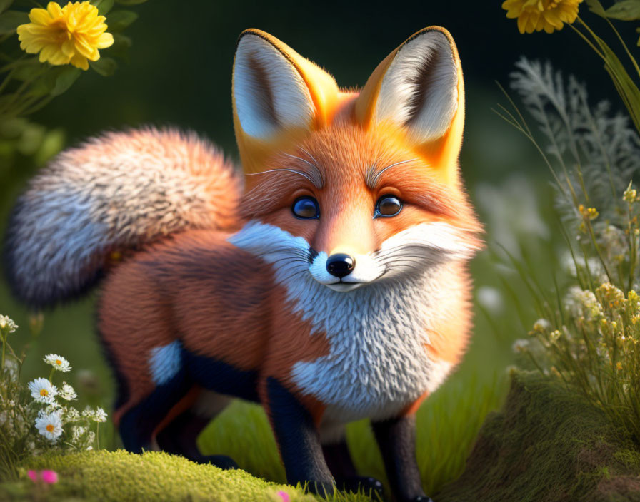 Colorful digital illustration: Red fox in green meadow with flowers