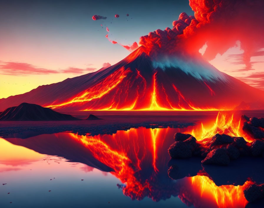 Vibrant volcanic eruption with lava flows reflected in water at sunset