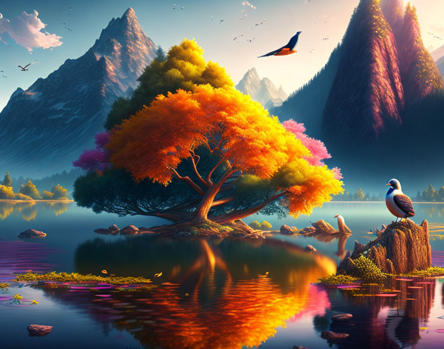 Colorful tree on islet with mountains, duck, and bird reflected in calm waters