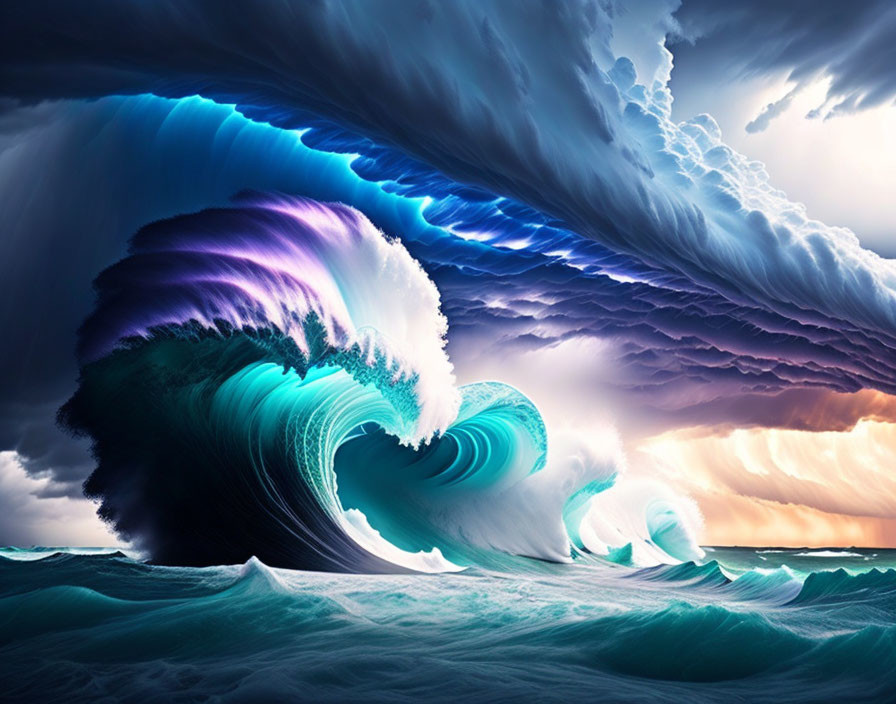 Surreal image: Massive ocean waves under ominous sky