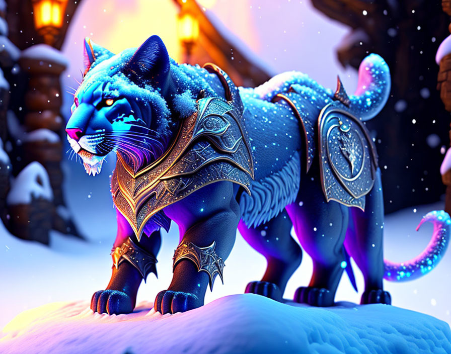 Fantasy armored blue tiger in snow landscape with glowing eyes