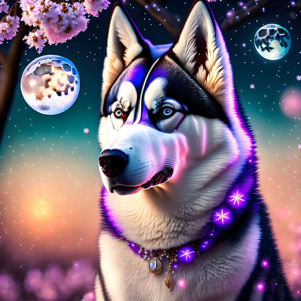 Colorful digital artwork: Husky with blue eyes and purple necklace in cherry blossom fantasy scene