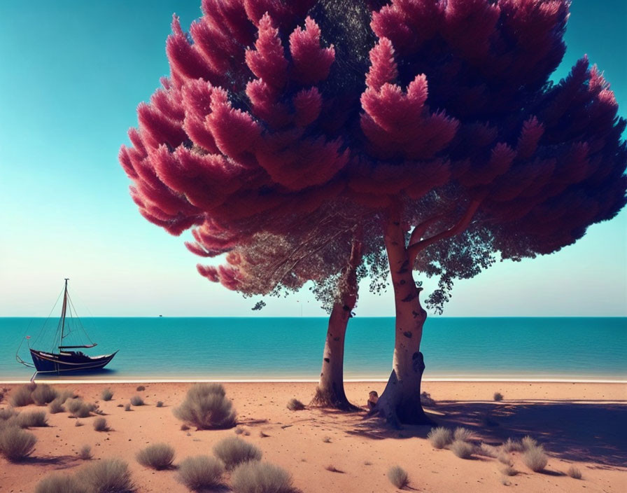 Surreal landscape with pink-tinted trees and wooden boat on beach