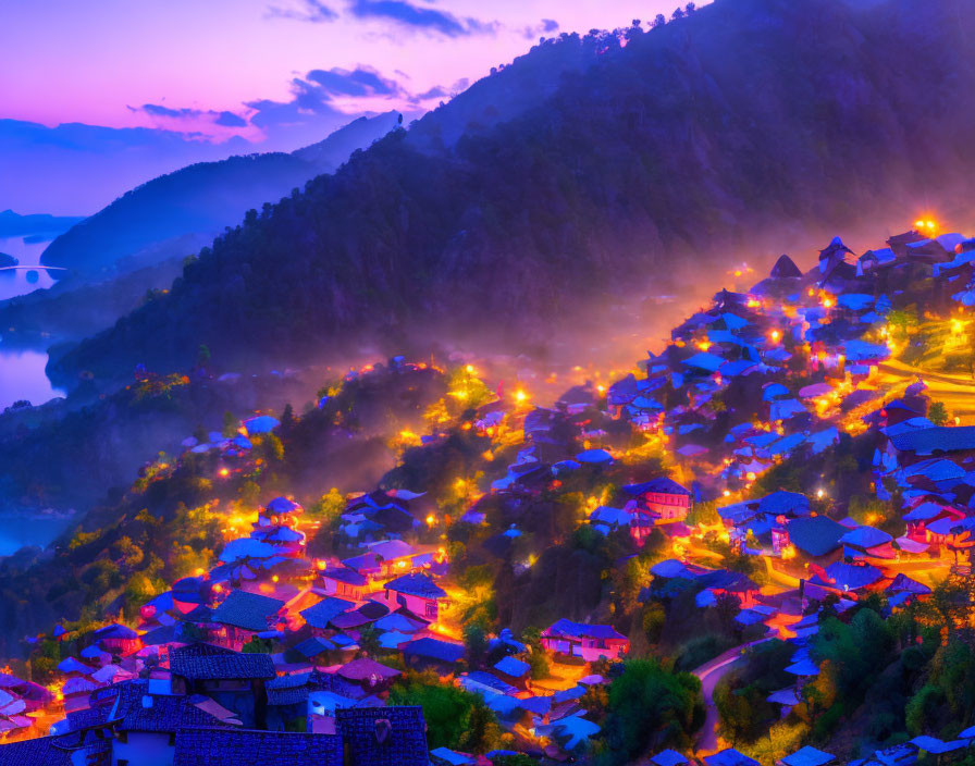 Mountain village at twilight with glowing lights in mist