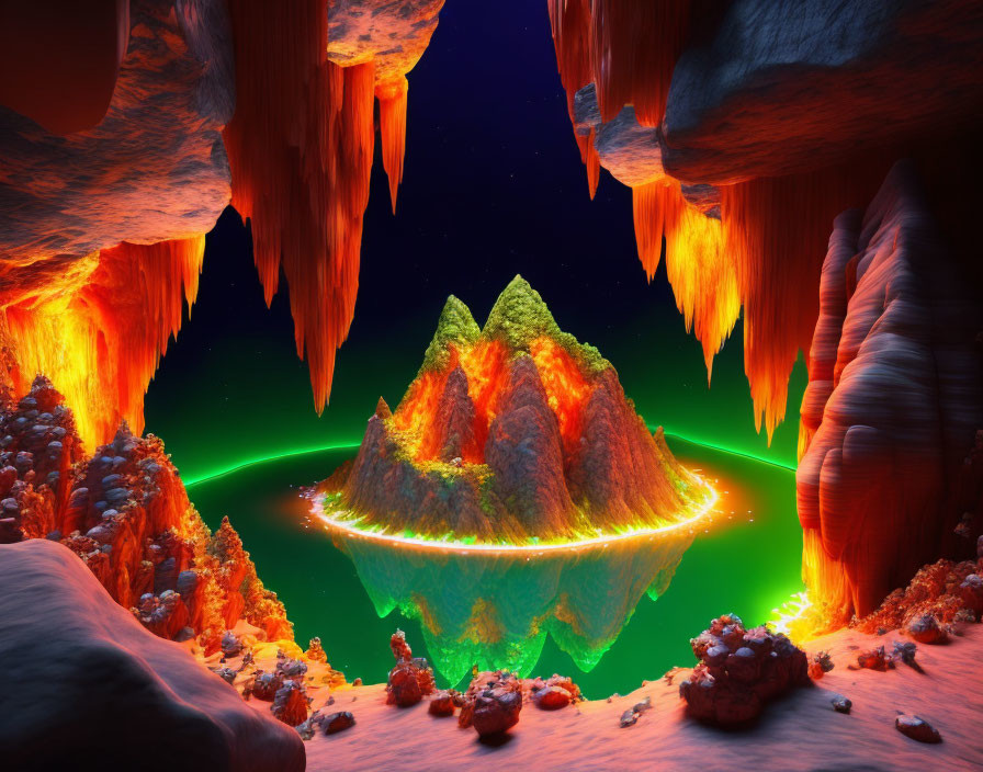 Vibrant fiery cave with neon green lake, orange island, and stalactites.