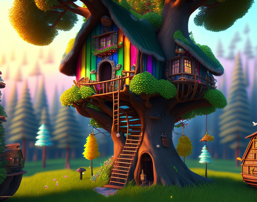 Vibrant treehouse with balcony in enchanted forest