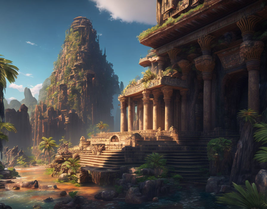 Ancient overgrown temple near serene river, towering mountain in lush tropical scene