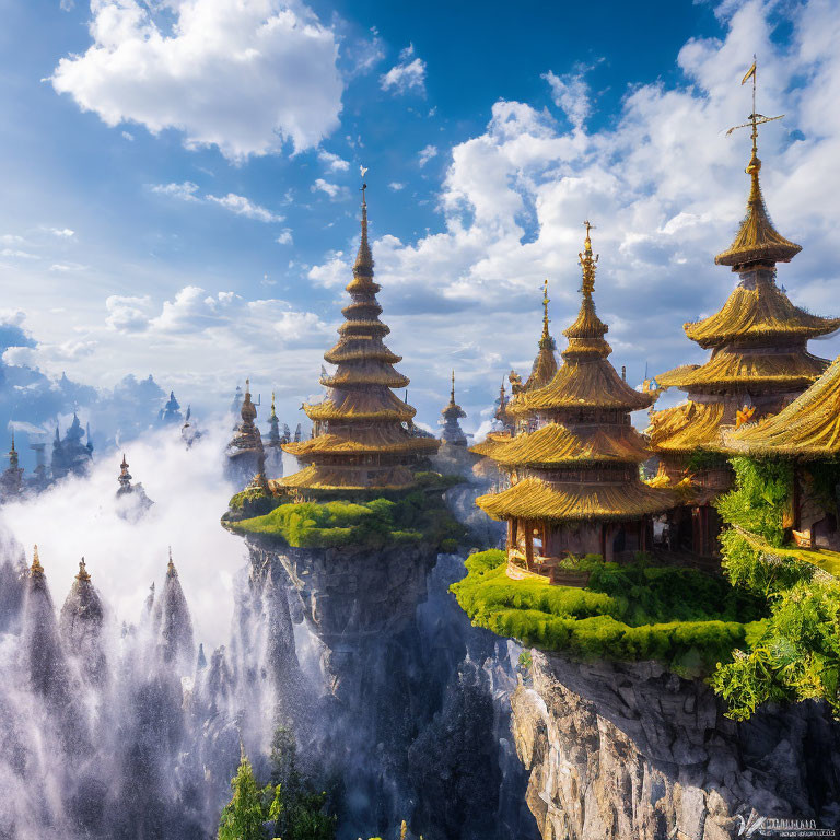 Mystical landscape: ancient pagoda temples on cliffs, lush greenery, floating clouds