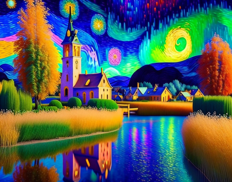 Vibrant Van Gogh-inspired painting of a village with swirling night sky, reflective river, and