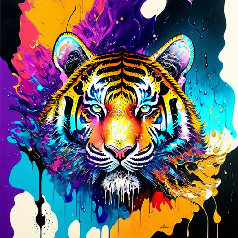 Colorful Tiger Face Artwork with Abstract Splash of Vivid Hues