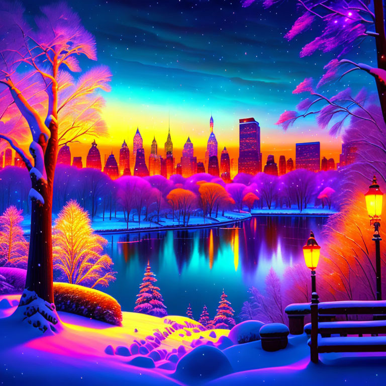 Snow-covered trees, frozen lake, aurora, and city skyline in vibrant winter scene