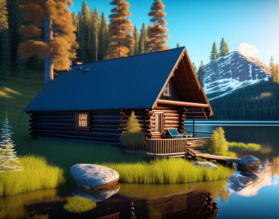 Tranquil lakeside log cabin with trees and mountains at golden hour