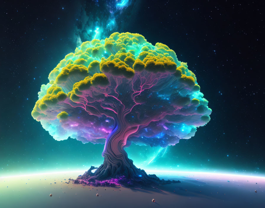 Giant Luminous Tree in Cosmic Fantasy Scene