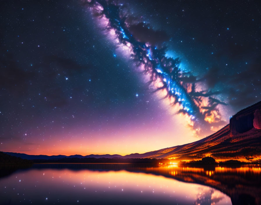 Stunning Milky Way over tranquil lake and hills at night