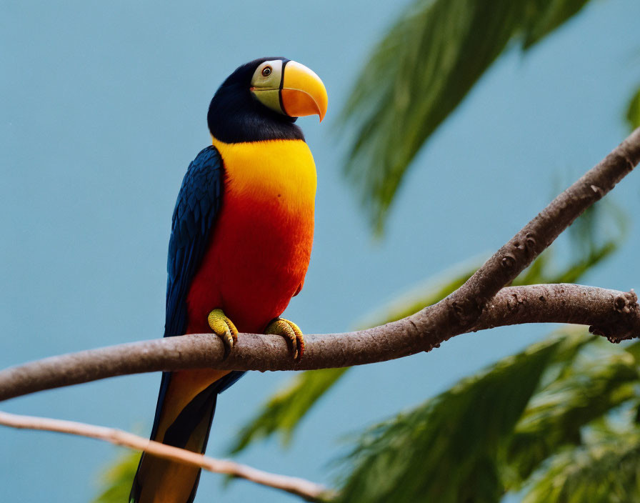 Vibrant toucan on branch with large beak, blue background & green foliage