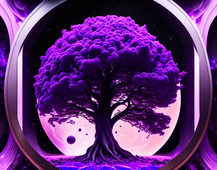 Vivid purple tree with cosmic backdrop and swirling galaxy.