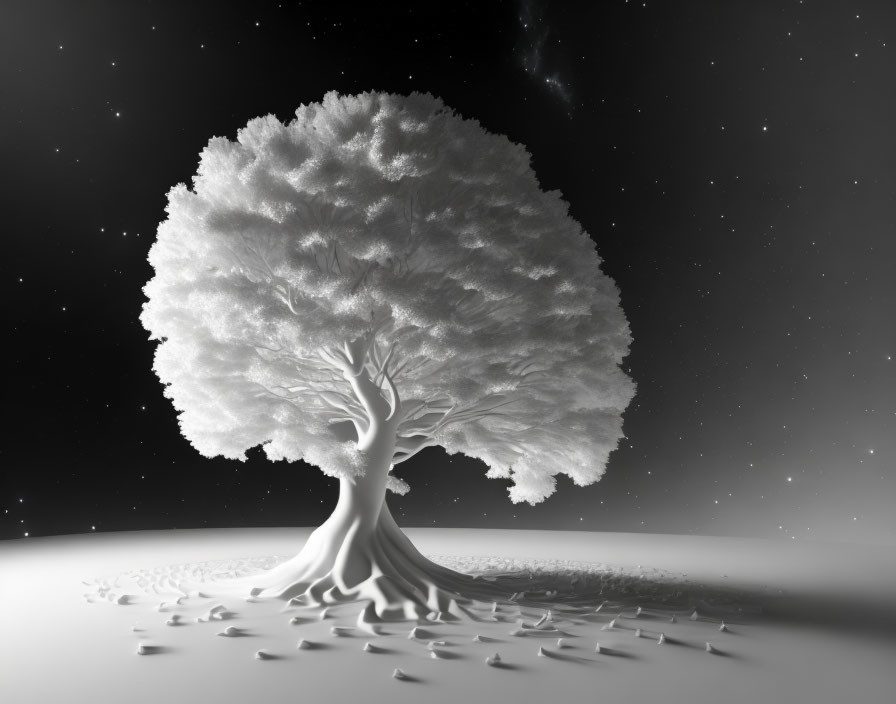 Monochrome surreal landscape with large leafless tree under starry sky