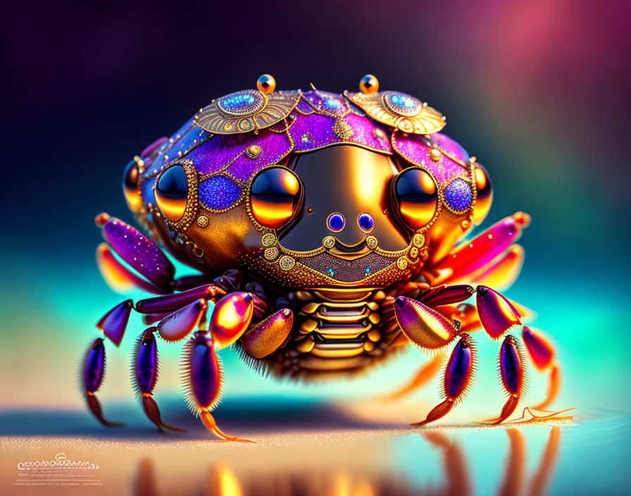 Colorful Mechanical Crab with Ornate Design on Multicolored Background