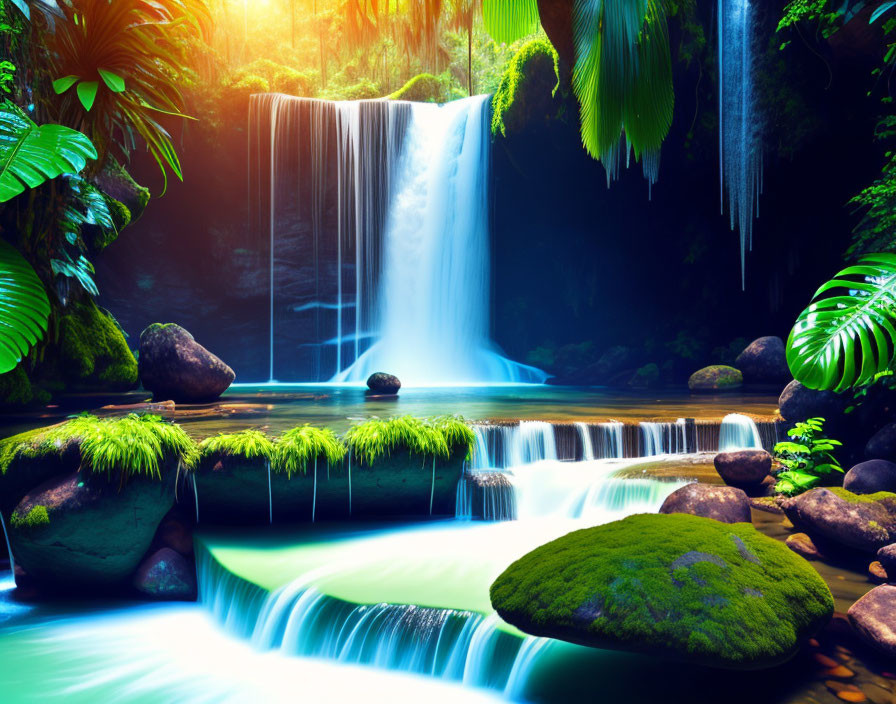 Tranquil Tropical Waterfall with Sunlit Pool