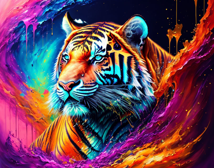 Colorful Tiger Face Artwork in Blue and Orange Hues